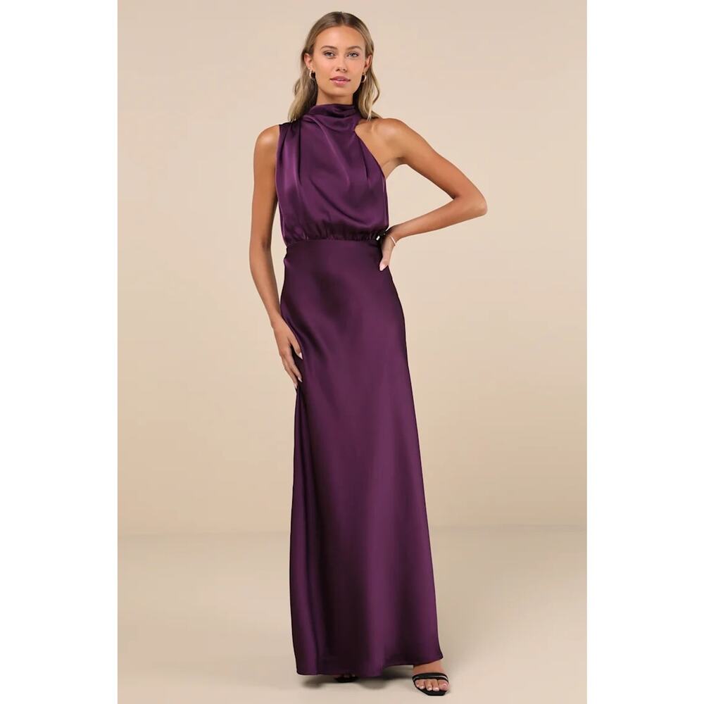 NWT Lulus Distinctive Charm Purple Satin Asymmetrical Maxi Dress Bridesmaid Sz M